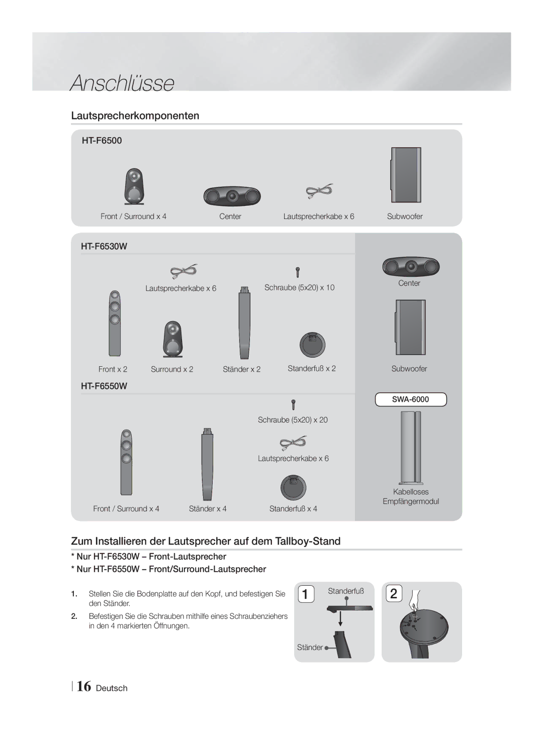 Samsung HT-F6500/ZF, HT-F6550W/EN manual Lautsprecherkomponenten, Zum Installieren der Lautsprecher auf dem Tallboy-Stand 