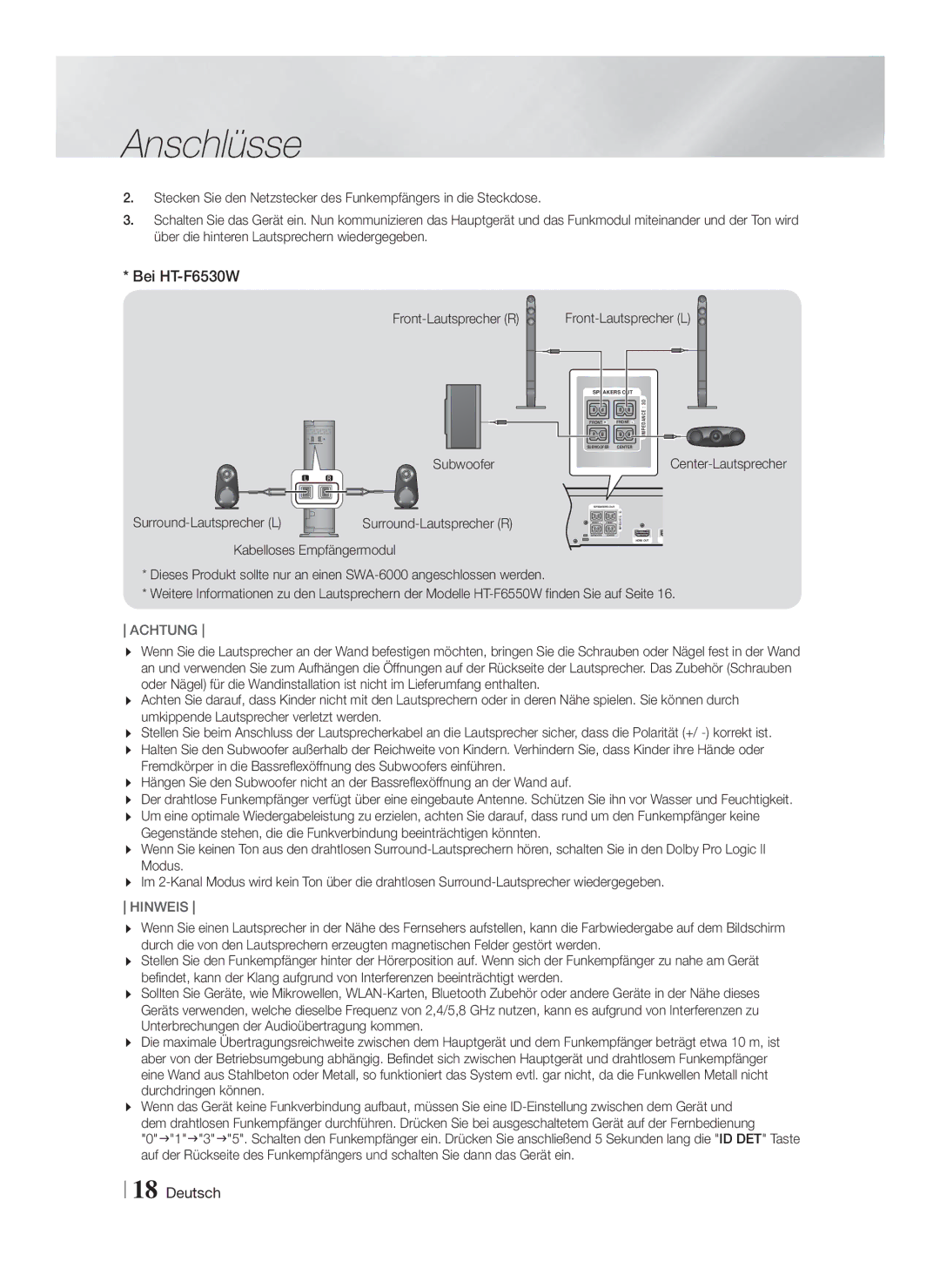 Samsung HT-F6550W/XE manual Bei HT-F6530W, Front-Lautsprecher R, Subwoofer Surround-Lautsprecher L, Center-Lautsprecher 