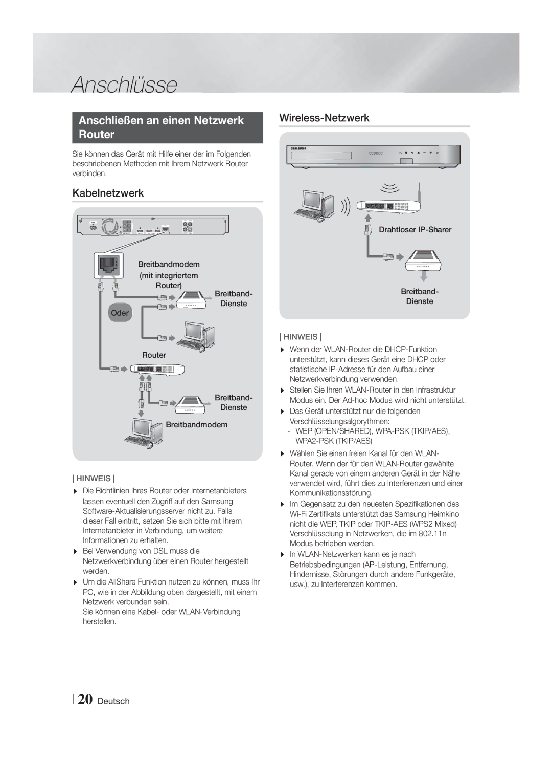 Samsung HT-F6550W/EN, HT-F6530W/EN, HT-F6500/XN manual Anschließen an einen Netzwerk Router, Kabelnetzwerk, Wireless-Netzwerk 