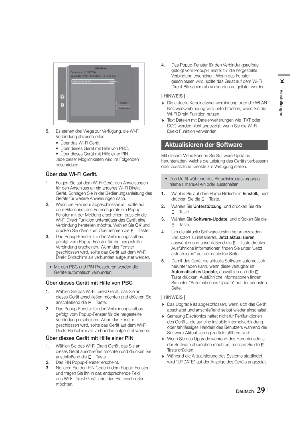 Samsung HT-F6550W/SJ, HT-F6550W/EN Aktualisieren der Software, Über das Wi-Fi Gerät, Über dieses Gerät mit Hilfe von PBC 