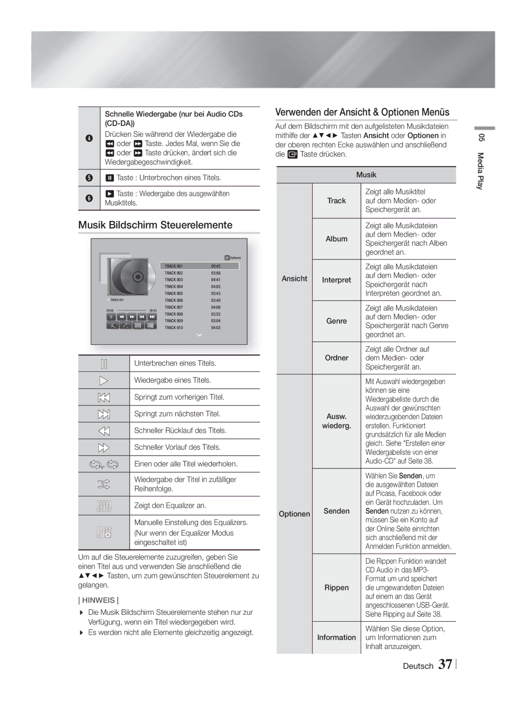 Samsung HT-F6500/EN, HT-F6550W/EN, HT-F6530W/EN, HT-F6500/XN, HT-F6530W/XN, HT-F6550W/XN manual Musik Bildschirm Steuerelemente 