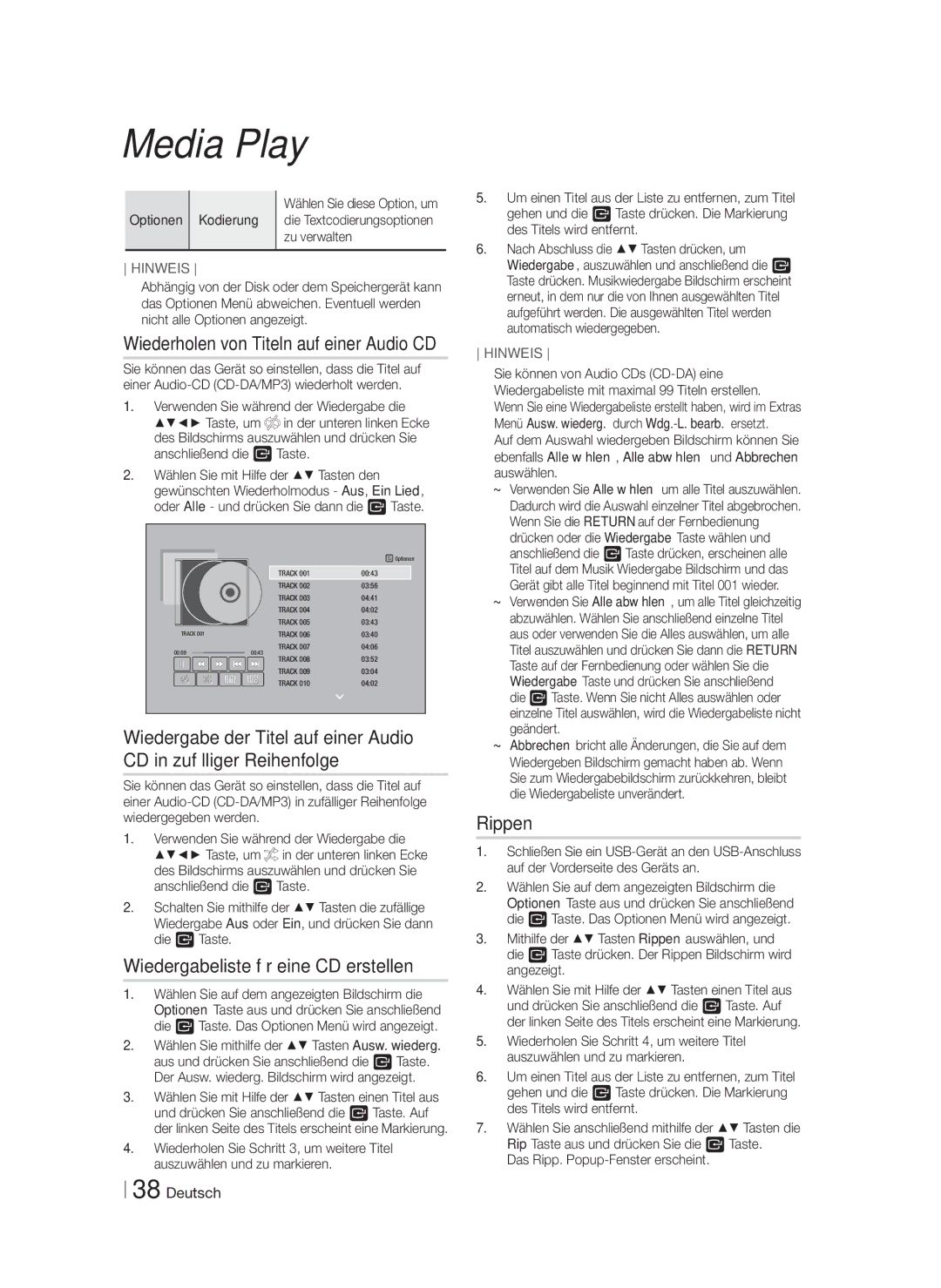 Samsung HT-F6550W/TK manual Wiedergabeliste für eine CD erstellen, Rippen, Zu verwalten, Das Ripp. Popup-Fenster erscheint 