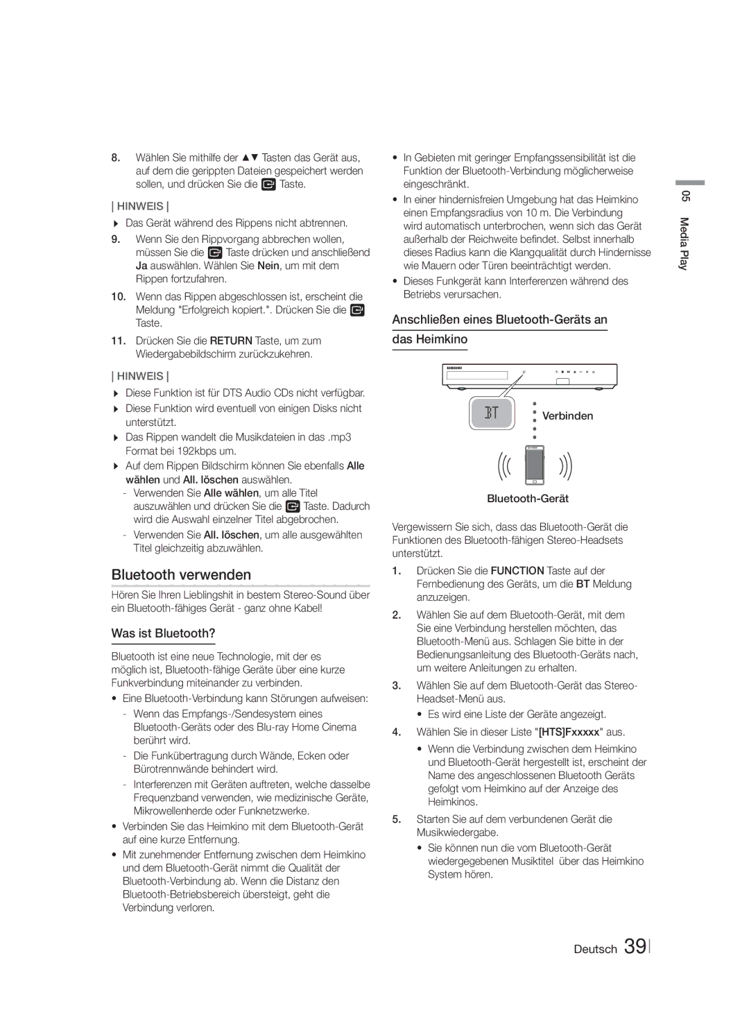 Samsung HT-F6550W/ZF manual Bluetooth verwenden, Was ist Bluetooth?, Anschließen eines Bluetooth-Geräts an Das Heimkino 