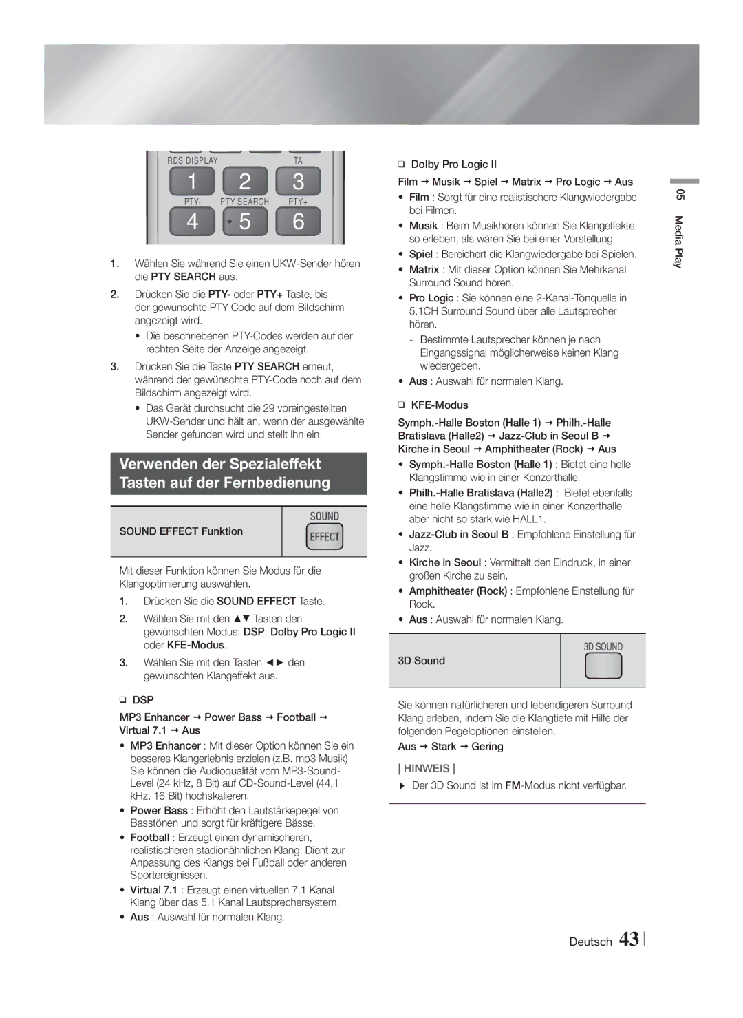 Samsung HT-F6530W/XE, HT-F6550W/EN manual Verwenden der Spezialeffekt Tasten auf der Fernbedienung, Sound Effect Funktion 