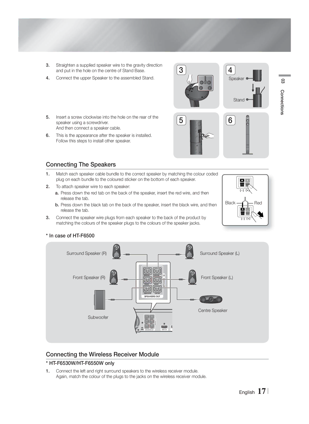 Samsung HT-F6500/EN, HT-F6550W/EN manual Connecting The Speakers, Connecting the Wireless Receiver Module, Case of HT-F6500 