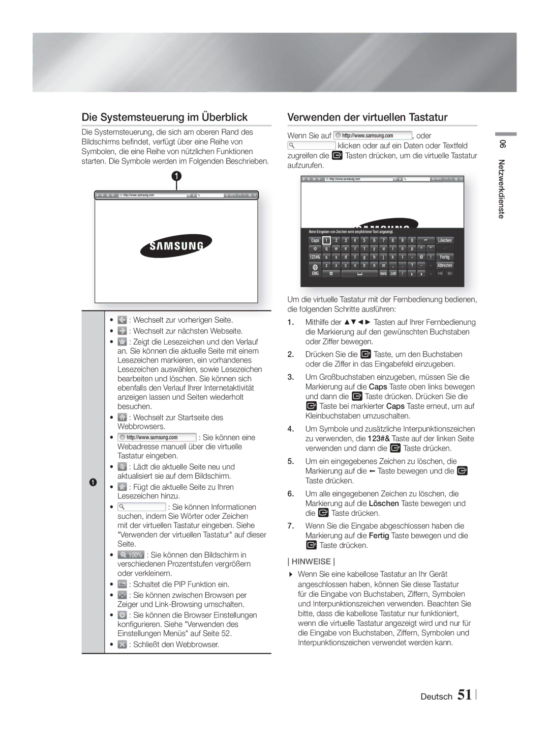 Samsung HT-F6550W/ZF manual Die Systemsteuerung im Überblick, Verwenden der virtuellen Tastatur, Schließt den Webbrowser 