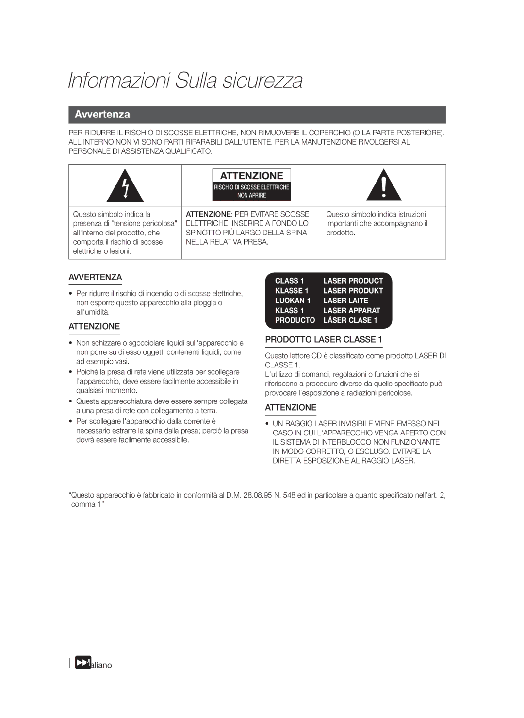 Samsung HT-F6500/ZF manual Informazioni Sulla sicurezza, Avvertenza, Spinotto PIÙ Largo Della Spina, Nella Relativa Presa 