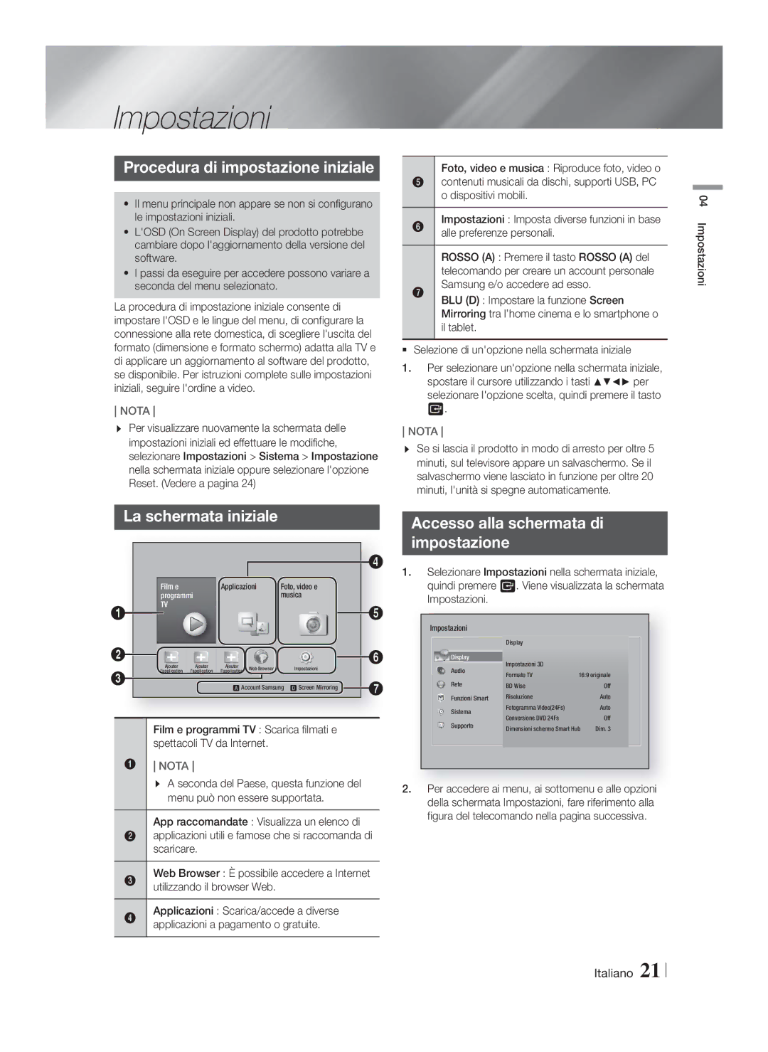 Samsung HT-F6530W/XN, HT-F6550W/EN, HT-F6530W/EN Impostazioni, Procedura di impostazione iniziale, La schermata iniziale 