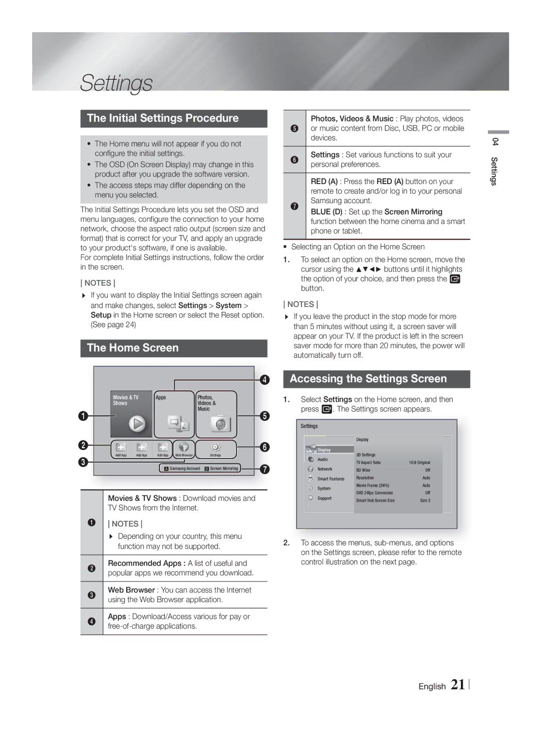 Samsung HT-F6550W/SJ, HT-F6550W/EN, HT-F6530W/EN Initial Settings Procedure, Home Screen, Accessing the Settings Screen 