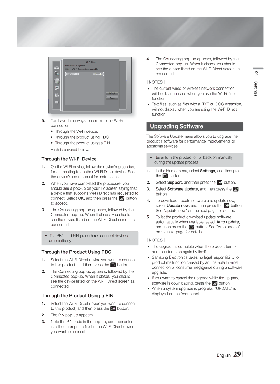 Samsung HT-F6500/EN, HT-F6550W/EN, HT-F6530W/EN Upgrading Software, Through the Wi-Fi Device, Through the Product Using PBC 