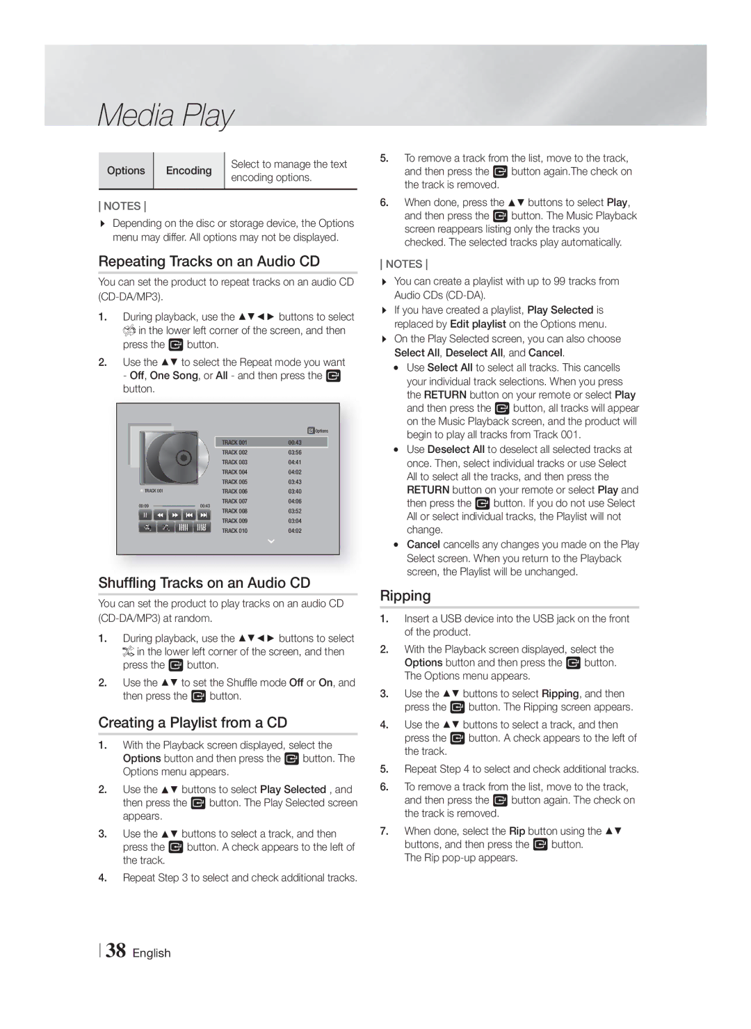 Samsung HT-F6500/XN manual Repeating Tracks on an Audio CD, Shuffling Tracks on an Audio CD, Creating a Playlist from a CD 