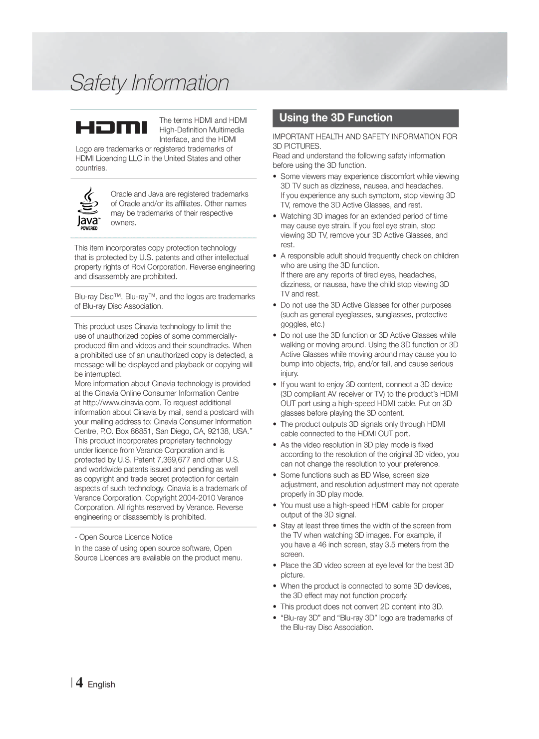 Samsung HT-F6550W/XN, HT-F6550W/EN, HT-F6530W/EN, HT-F6500/XN, HT-F6530W/XN Using the 3D Function, Open Source Licence Notice 