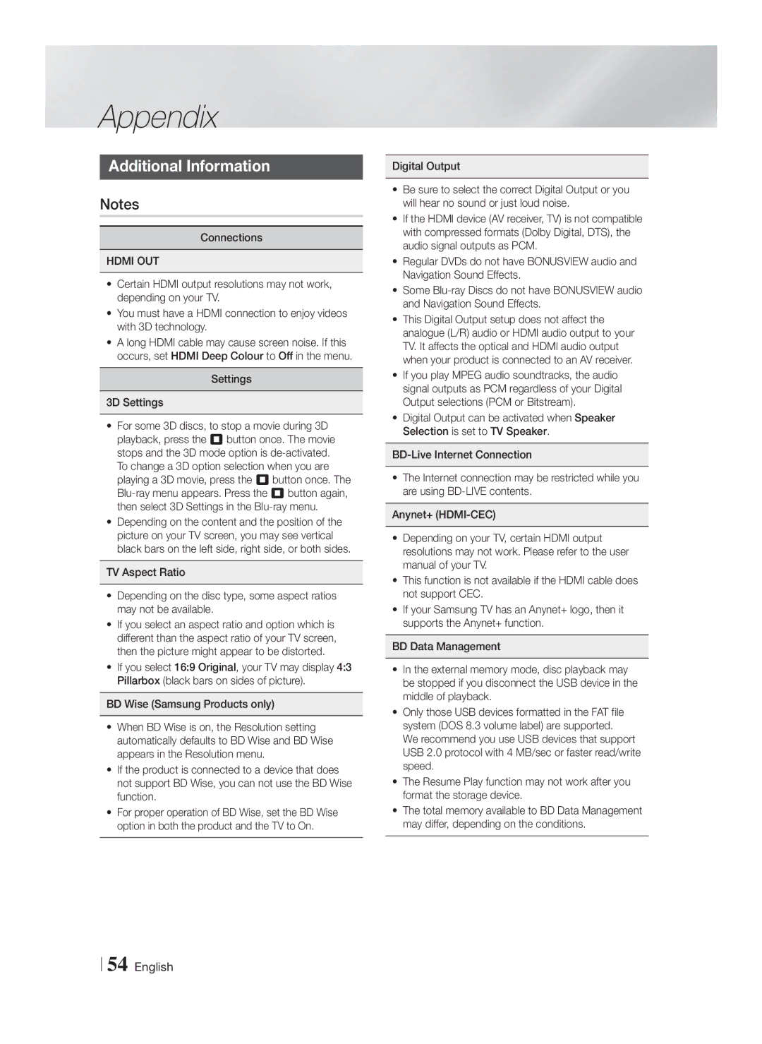 Samsung HT-F6550W/TK, HT-F6550W/EN, HT-F6530W/EN, HT-F6500/XN manual Appendix, Additional Information, Settings 3D Settings 