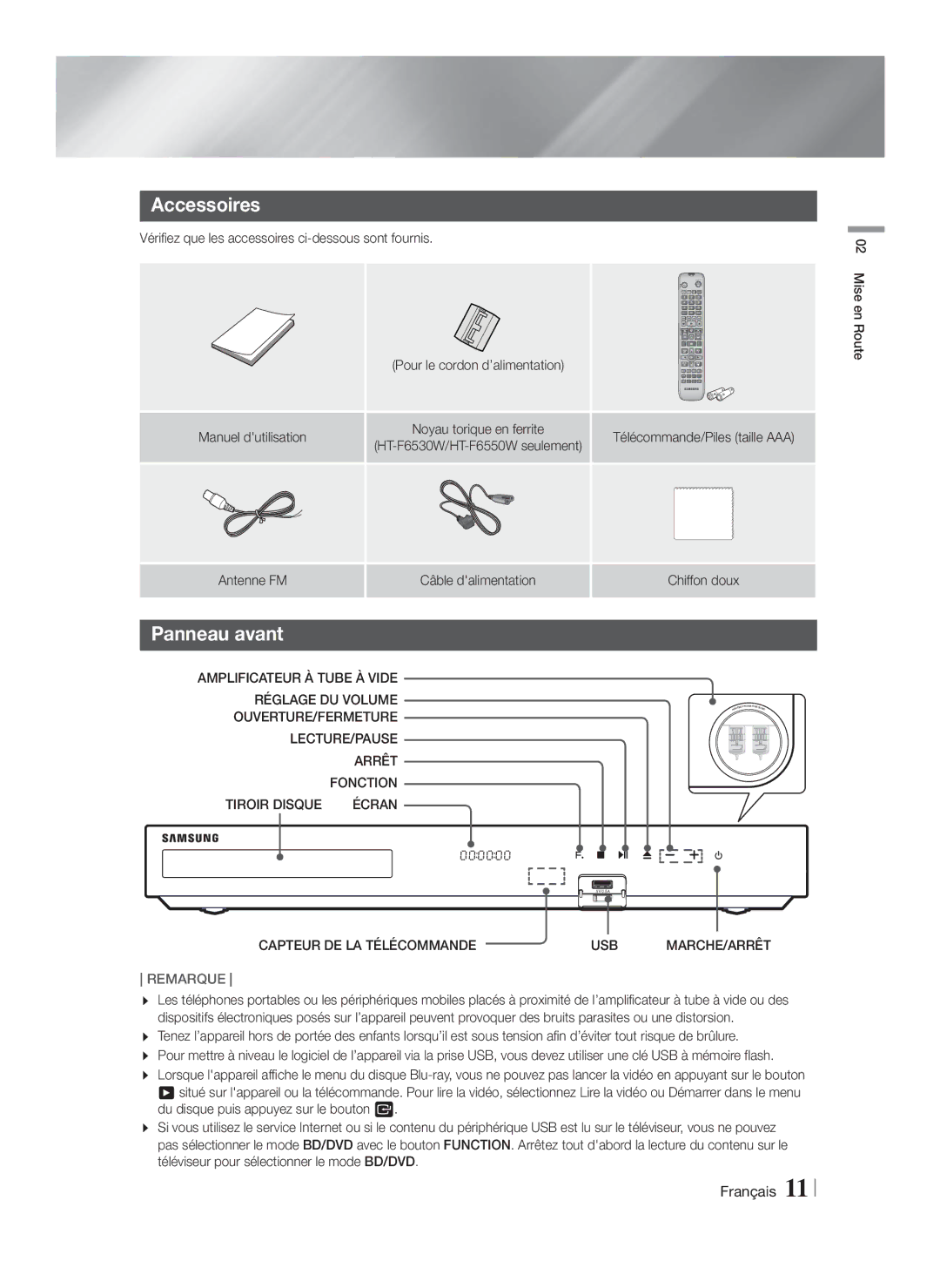 Samsung HT-F6530W/EN, HT-F6550W/EN, HT-F6500/XN manual Accessoires, Panneau avant, Écran, Capteur DE LA Télécommande USB 