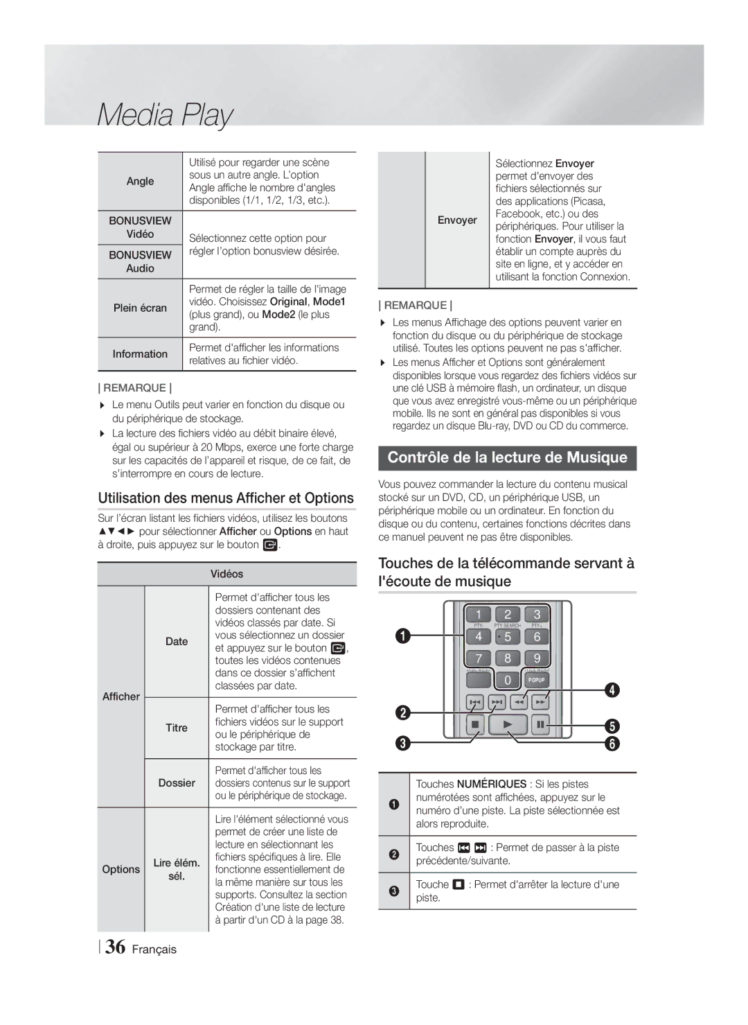 Samsung HT-F6500/XN, HT-F6550W/EN, HT-F6500/EN Utilisation des menus Afficher et Options, Contrôle de la lecture de Musique 