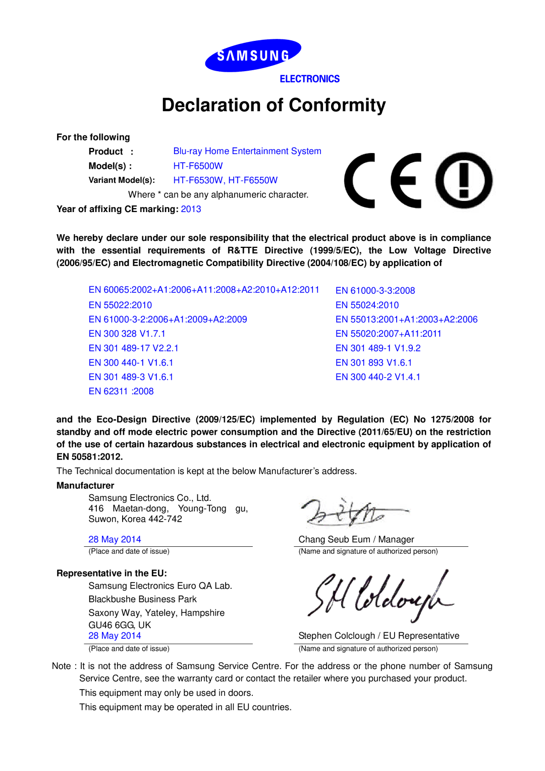 Samsung HT-F6530W/EN, HT-F6550W/EN manual Declaration of Conformity, For the following, Models HT-F6500W, Manufacturer 