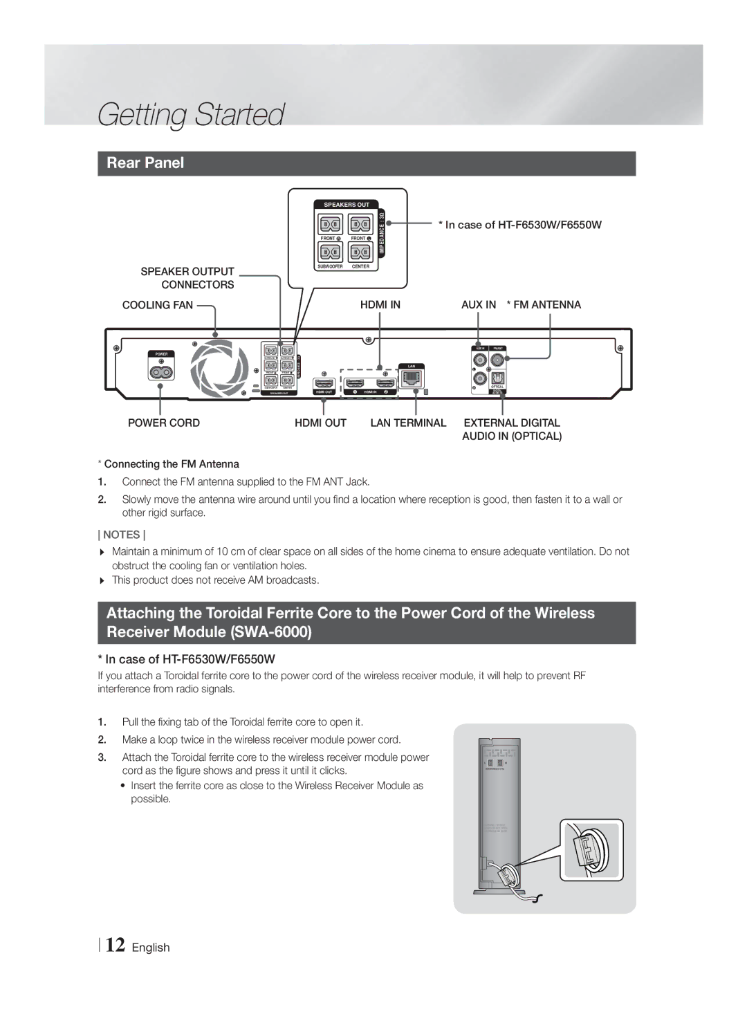 Samsung HT-F6550W/EN, HT-F6530W/EN, HT-F6500/XN, HT-F6530W/XN manual Rear Panel, Case of HT-F6530W/F6550W, AUX in * FM Antenna 