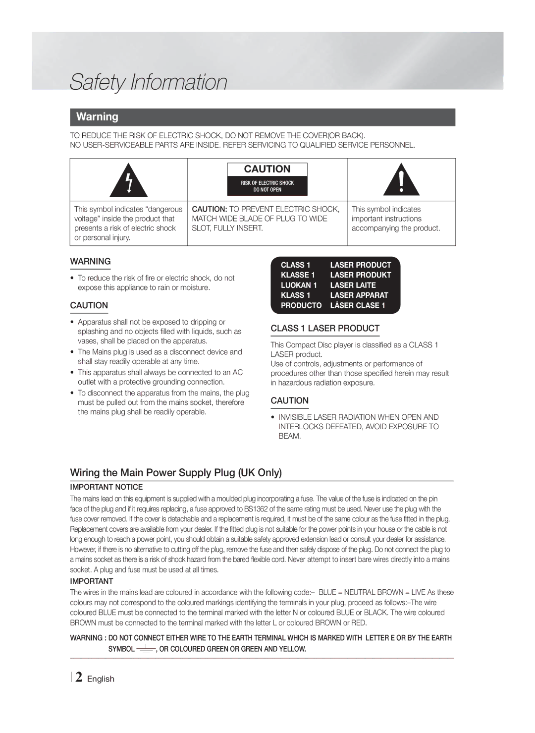 Samsung HT-F6500/XN, HT-F6550W/EN, HT-F6530W/EN, HT-F6530W/XN Safety Information, Wiring the Main Power Supply Plug UK Only 