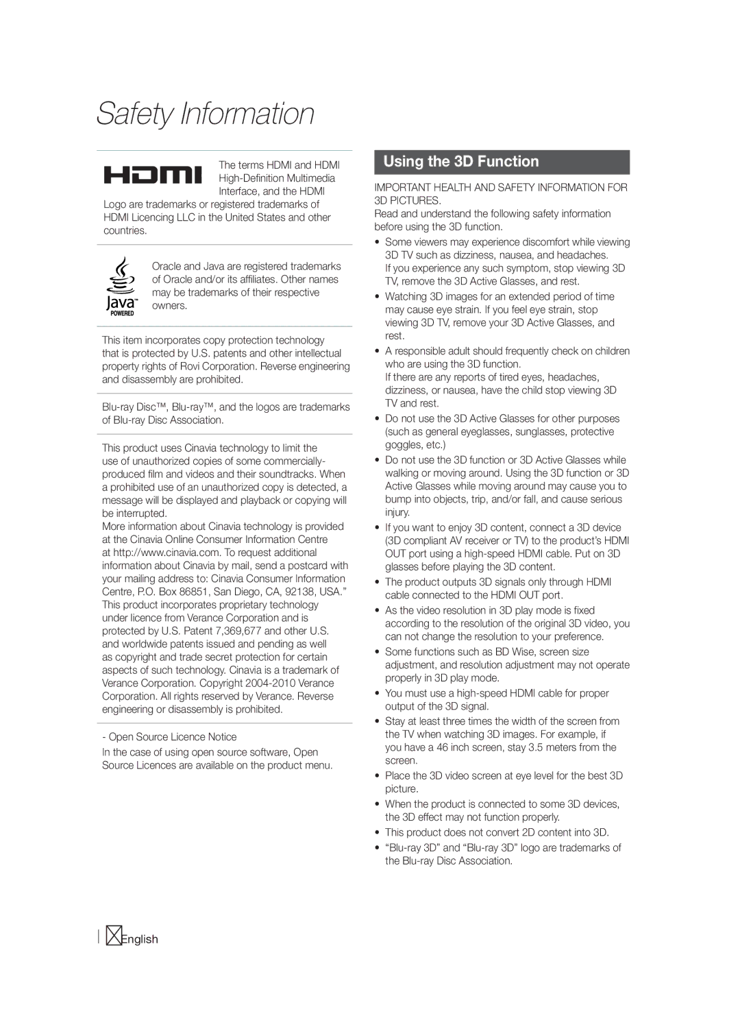 Samsung HT-F6550W/XN, HT-F6550W/EN, HT-F6530W/EN, HT-F6500/XN, HT-F6530W/XN Using the 3D Function, Open Source Licence Notice 