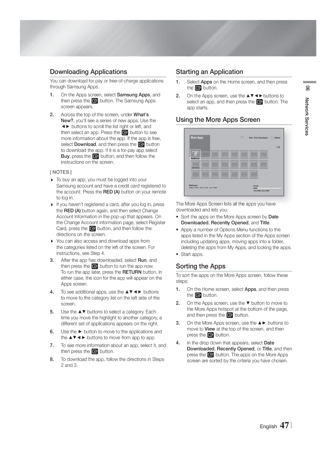Samsung HT-F6530W/XE manual Downloading Applications, Starting an Application, Using the More Apps Screen, Sorting the Apps 