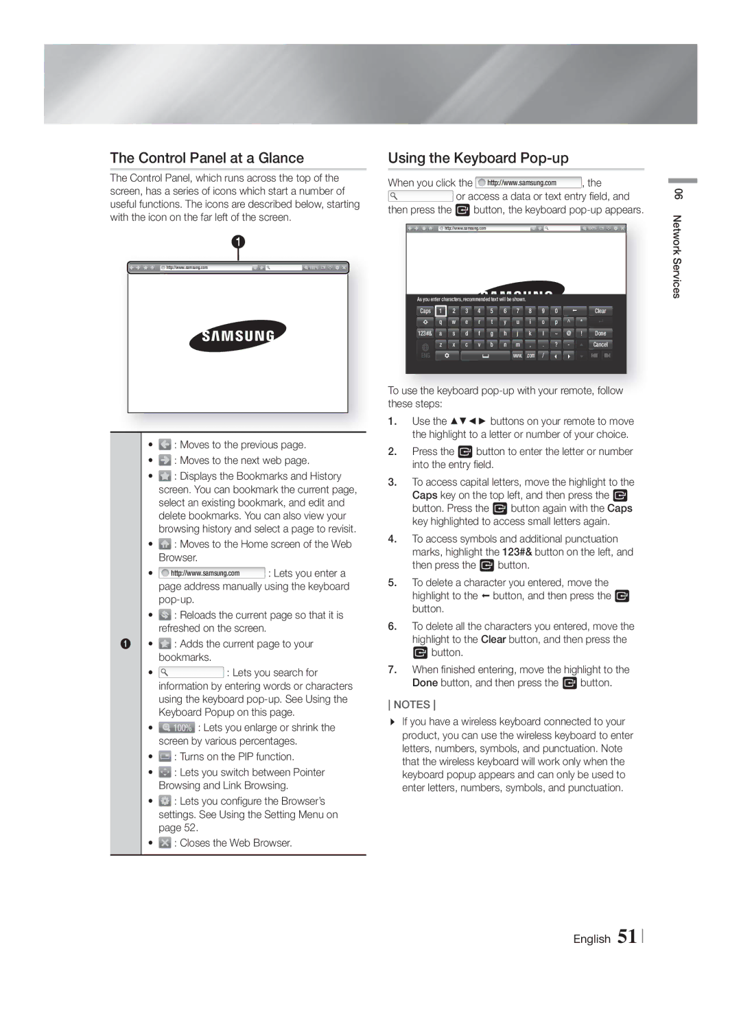 Samsung HT-F6530W/XN Control Panel at a Glance, Using the Keyboard Pop-up, Moves to the previous Moves to the next web 