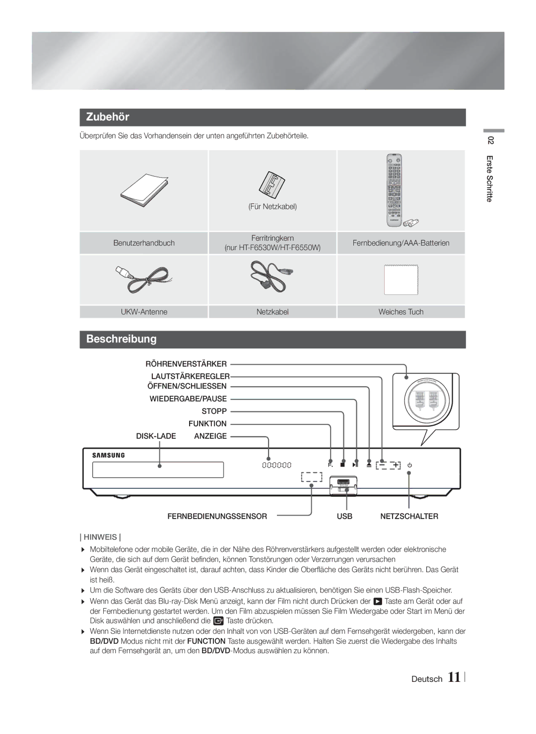 Samsung HT-F6550W/EN, HT-F6530W/EN, HT-F6500/XN, HT-F6530W/XN, HT-F6550W/XN Zubehör, Beschreibung, Fernbedienungssensor USB 