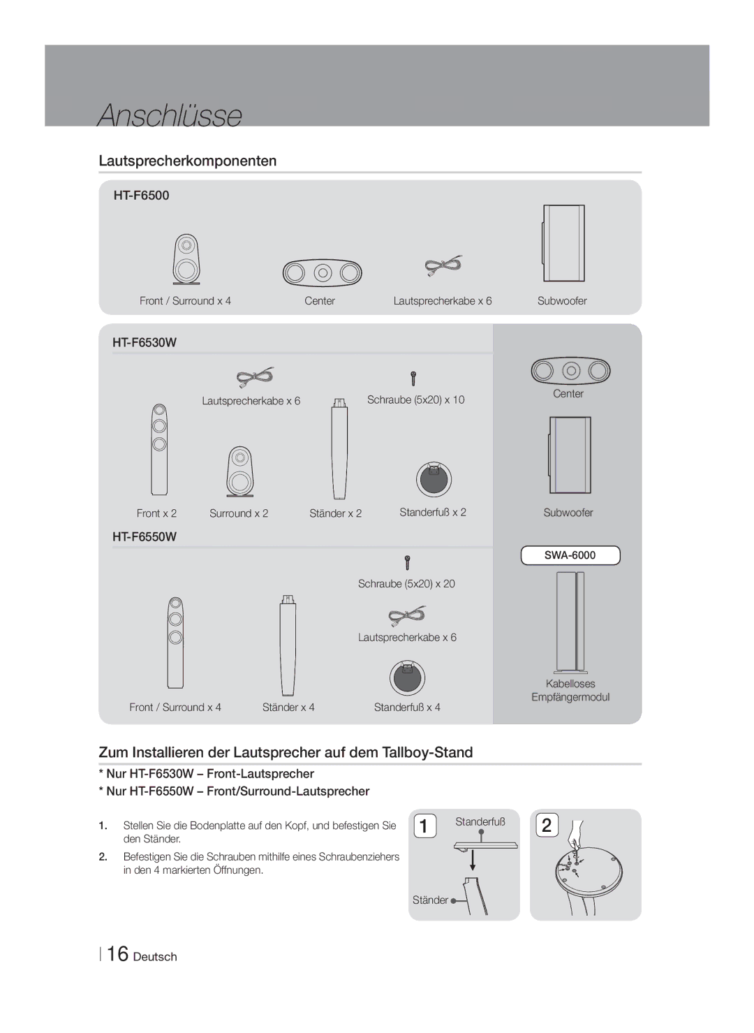 Samsung HT-F6500/EN, HT-F6550W/EN manual Lautsprecherkomponenten, Zum Installieren der Lautsprecher auf dem Tallboy-Stand 