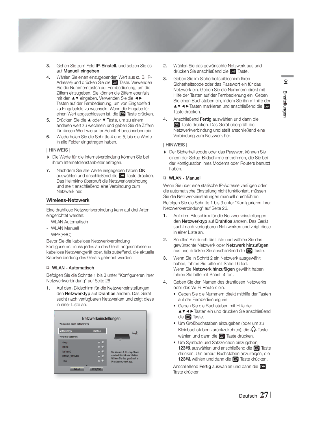 Samsung HT-F6550W/ZF, HT-F6550W/EN, HT-F6530W/EN, HT-F6500/XN, HT-F6530W/XN, HT-F6550W/XN manual Wireless-Netzwerk, Wpspbc 