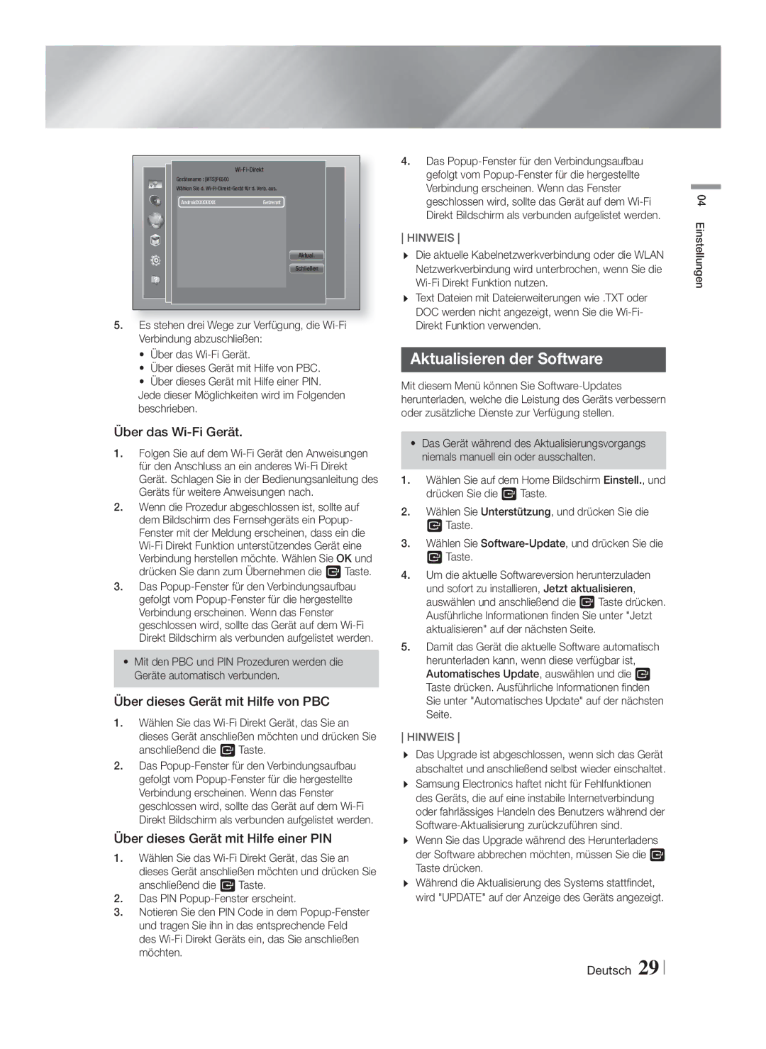 Samsung HT-F6550W/EN, HT-F6530W/EN Aktualisieren der Software, Über das Wi-Fi Gerät, Über dieses Gerät mit Hilfe von PBC 