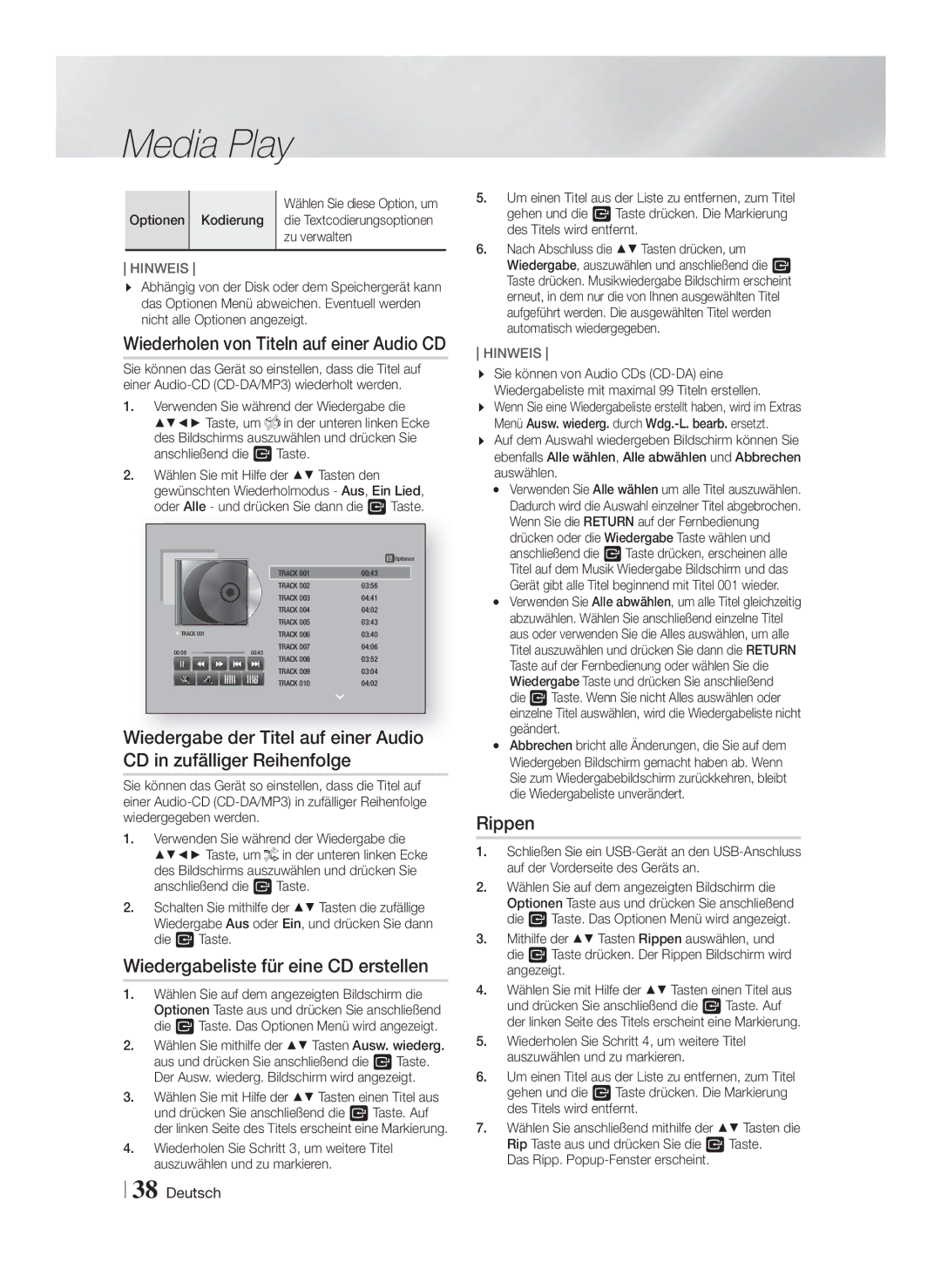 Samsung HT-F6550W/EN, HT-F6530W/EN Wiedergabeliste für eine CD erstellen, Zu verwalten, Das Ripp. Popup-Fenster erscheint 