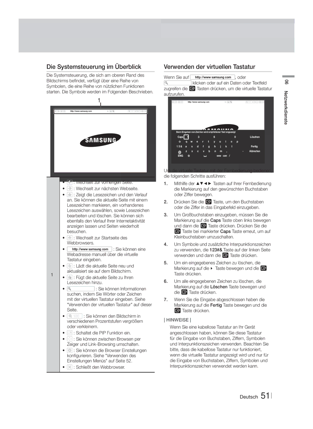 Samsung HT-F6550W/XN manual Die Systemsteuerung im Überblick, Verwenden der virtuellen Tastatur, Schließt den Webbrowser 