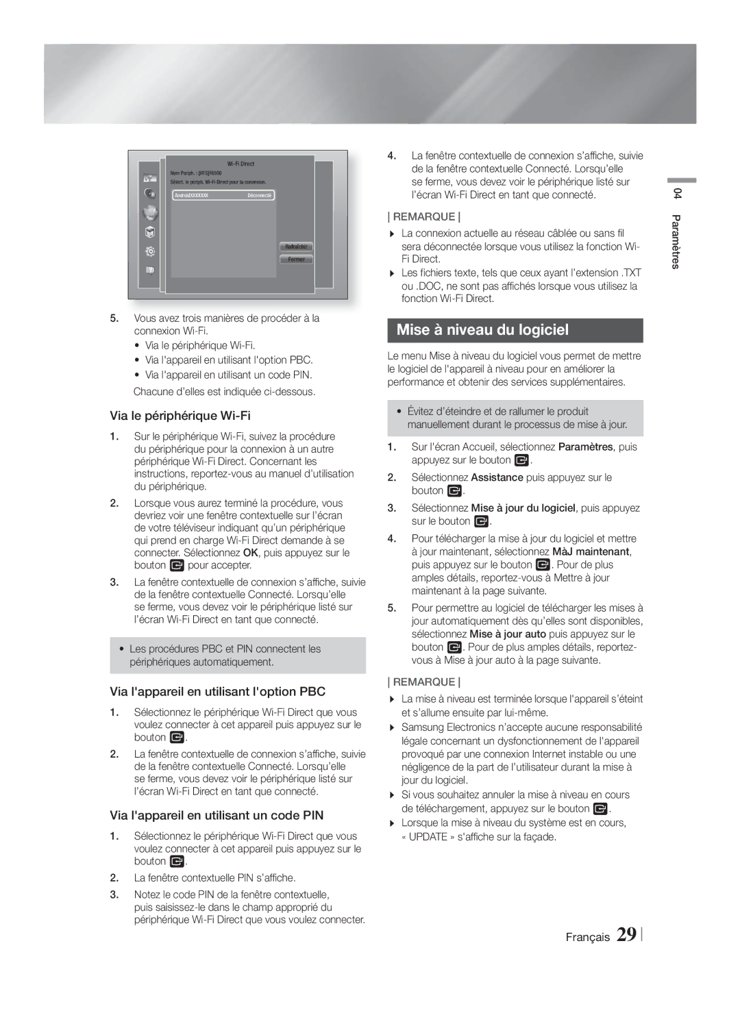 Samsung HT-F6500/XN manual Mise à niveau du logiciel, Via le périphérique Wi-Fi, Via lappareil en utilisant loption PBC 