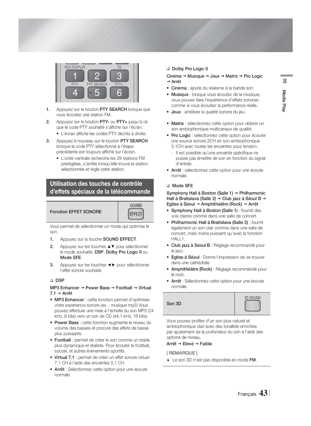 Samsung HT-F6550W/ZF, HT-F6550W/EN Utilisation des touches de contrôle, Lécran affiche les codes PTY décrits à droite, Dsp 