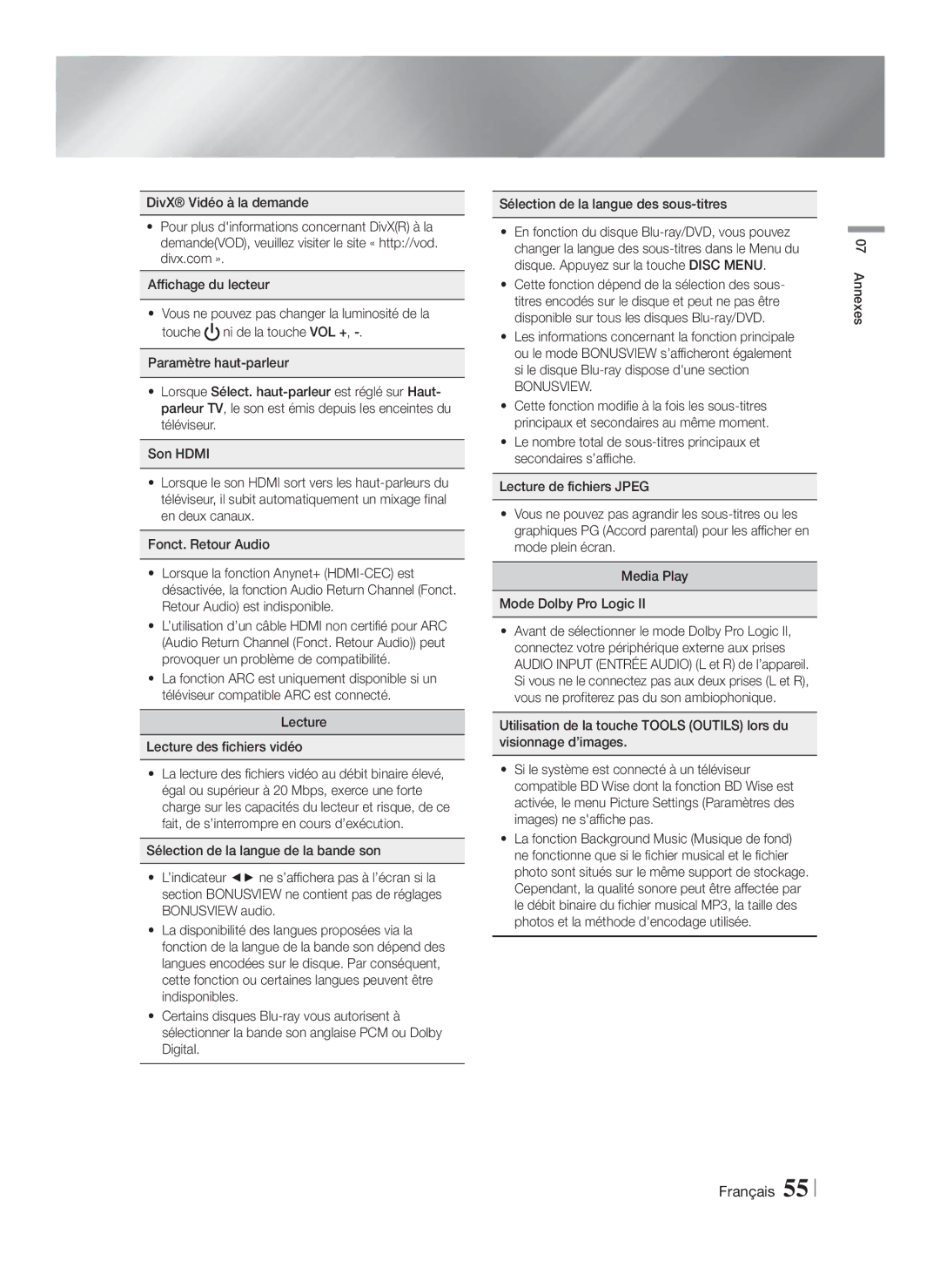 Samsung HT-F6530W/EN, HT-F6550W/EN, HT-F6500/XN, HT-F6530W/XN manual Lecture Lecture des fichiers vidéo, Bonusview, Annexes 