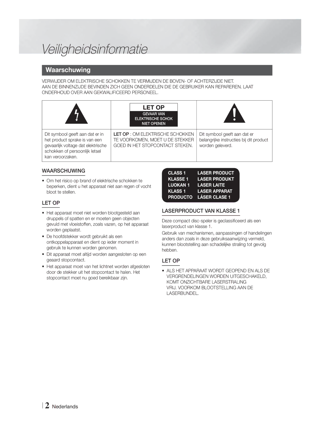 Samsung HT-F6530W/EN, HT-F6550W/EN Veiligheidsinformatie, Waarschuwing, VRIJ. Voorkom Blootstelling AAN DE Laserbundel 