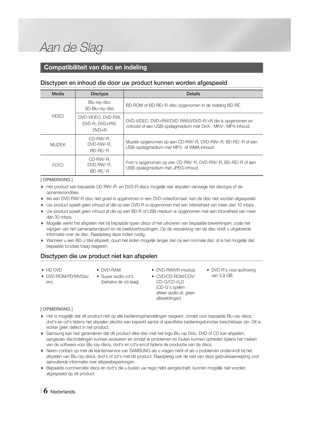 Samsung HT-F6500/EN manual Aan de Slag, Compatibiliteit van disc en indeling, Disctypen die uw product niet kan afspelen 