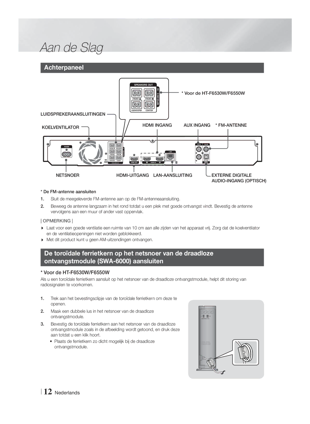 Samsung HT-F6500/XN, HT-F6550W/EN, HT-F6530W/EN, HT-F6500/EN Achterpaneel, Voor de HT-F6530W/F6550W, AUX Ingang * FM-ANTENNE 