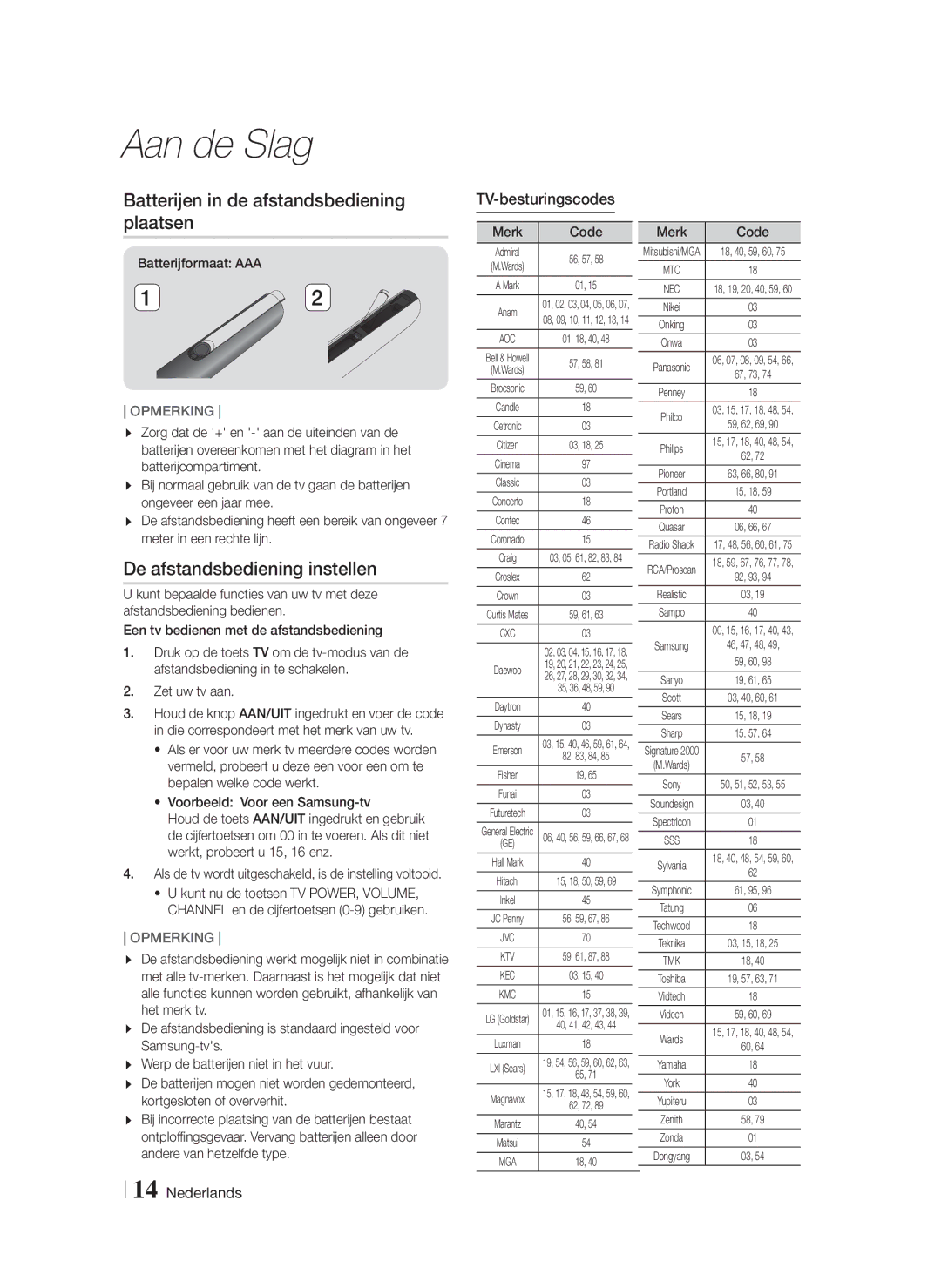 Samsung HT-F6550W/XN manual Batterijen in de afstandsbediening plaatsen, De afstandsbediening instellen, TV-besturingscodes 