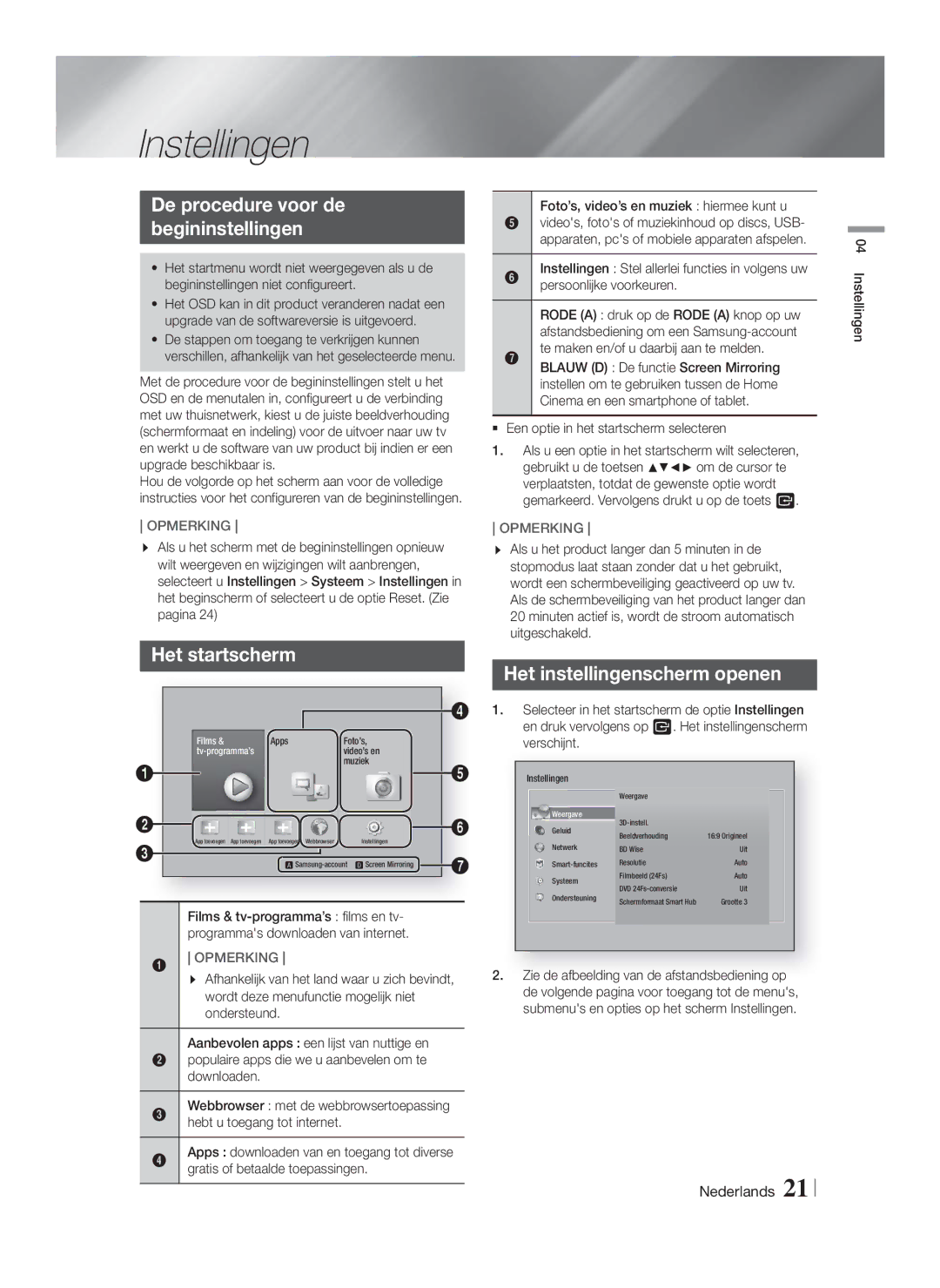 Samsung HT-F6500/XN Instellingen, De procedure voor de Begininstellingen, Het startscherm, Het instellingenscherm openen 