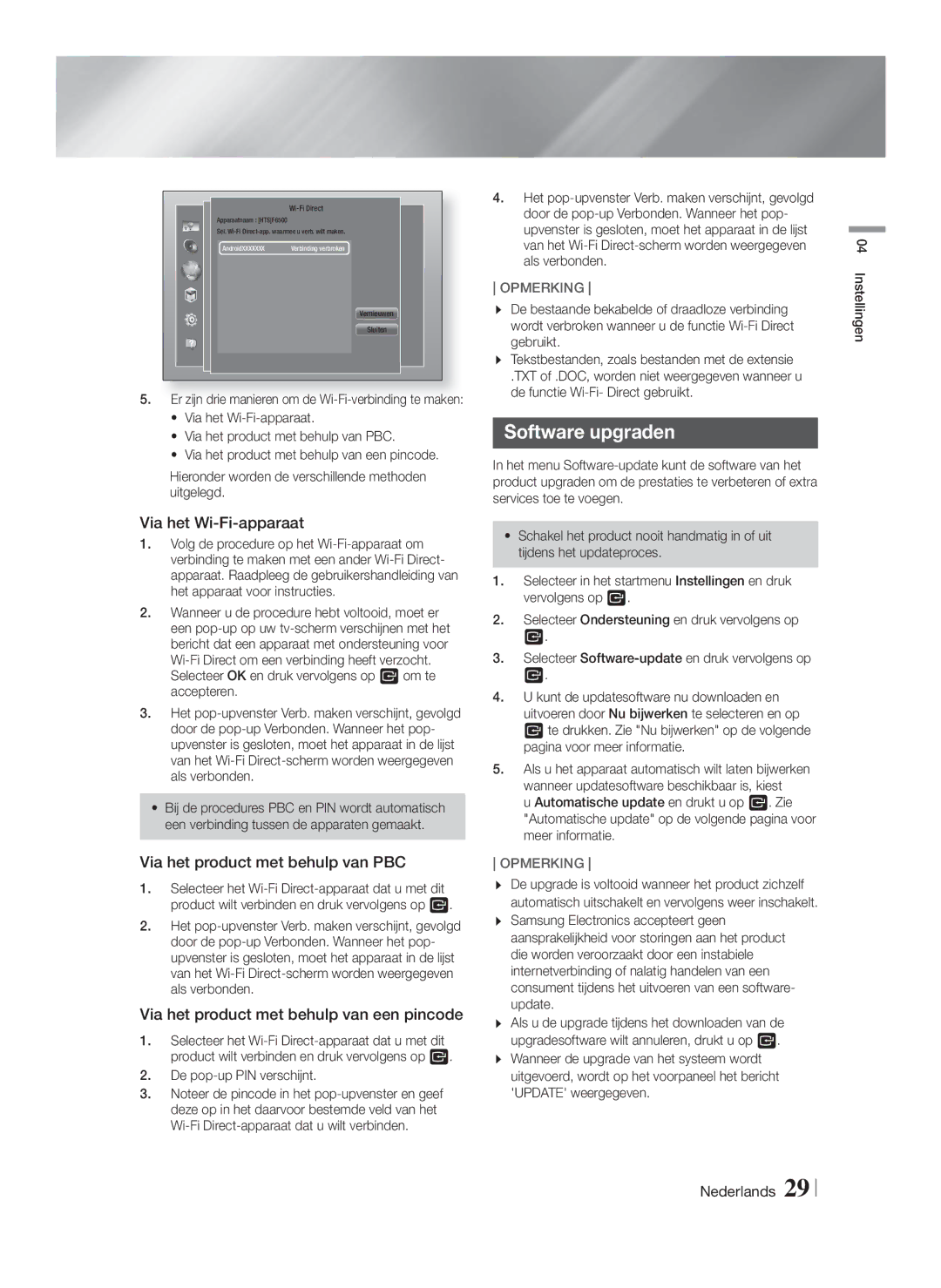 Samsung HT-F6530W/EN, HT-F6550W/EN manual Software upgraden, Via het Wi-Fi-apparaat, Via het product met behulp van PBC 