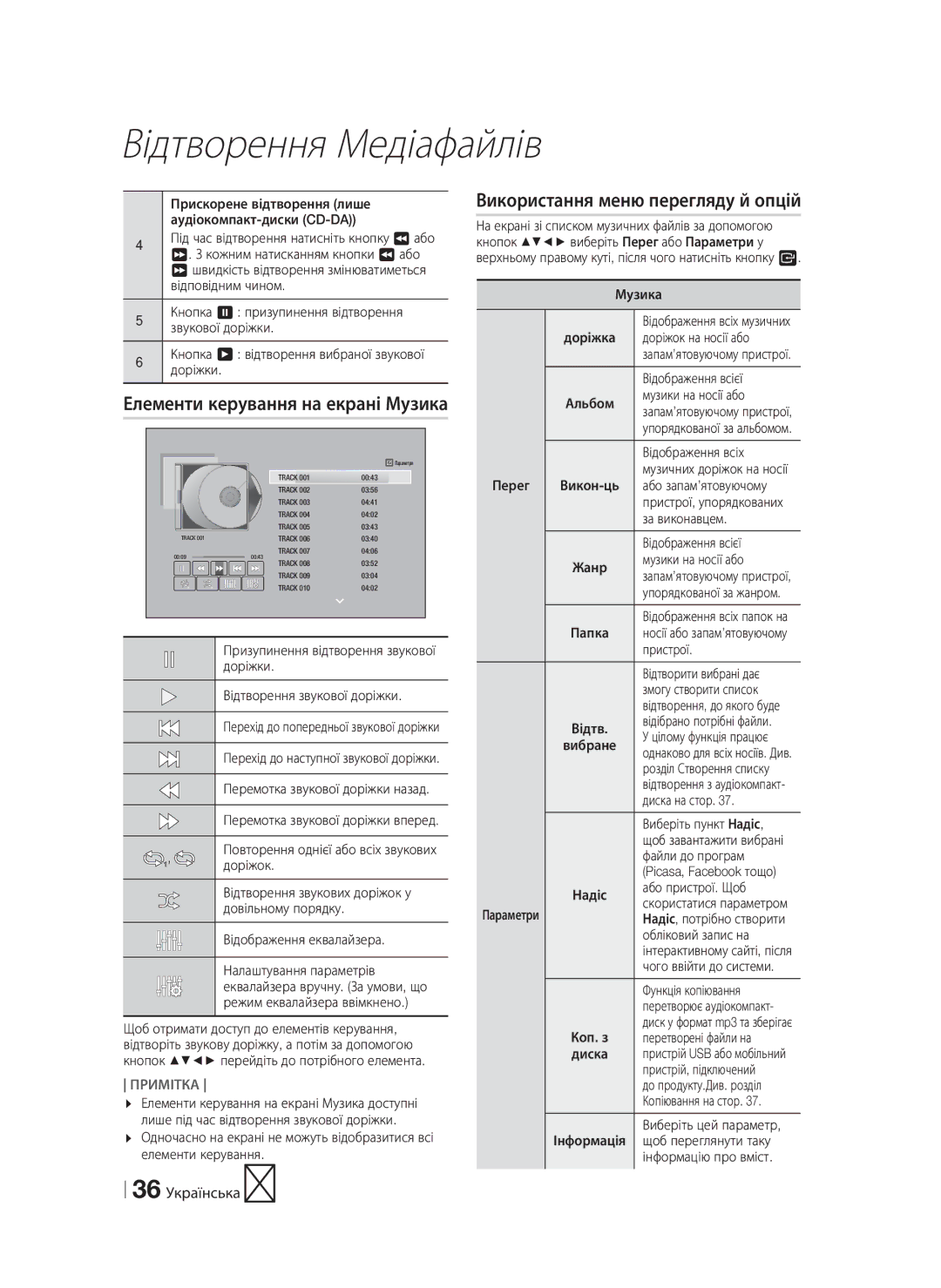 Samsung HT-F6550W/RU manual Елементи керування на екрані Музика, 36 Українська 