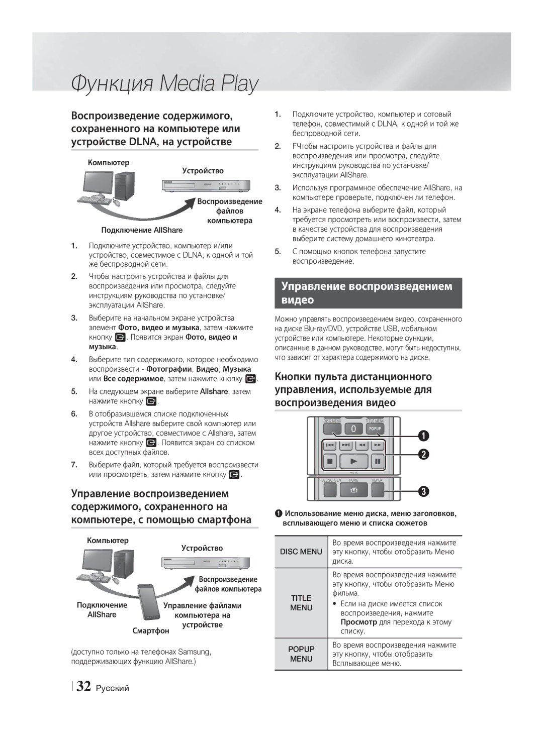 Samsung HT-F6550W/RU manual Управление воспроизведением Видео, Disc Menu 