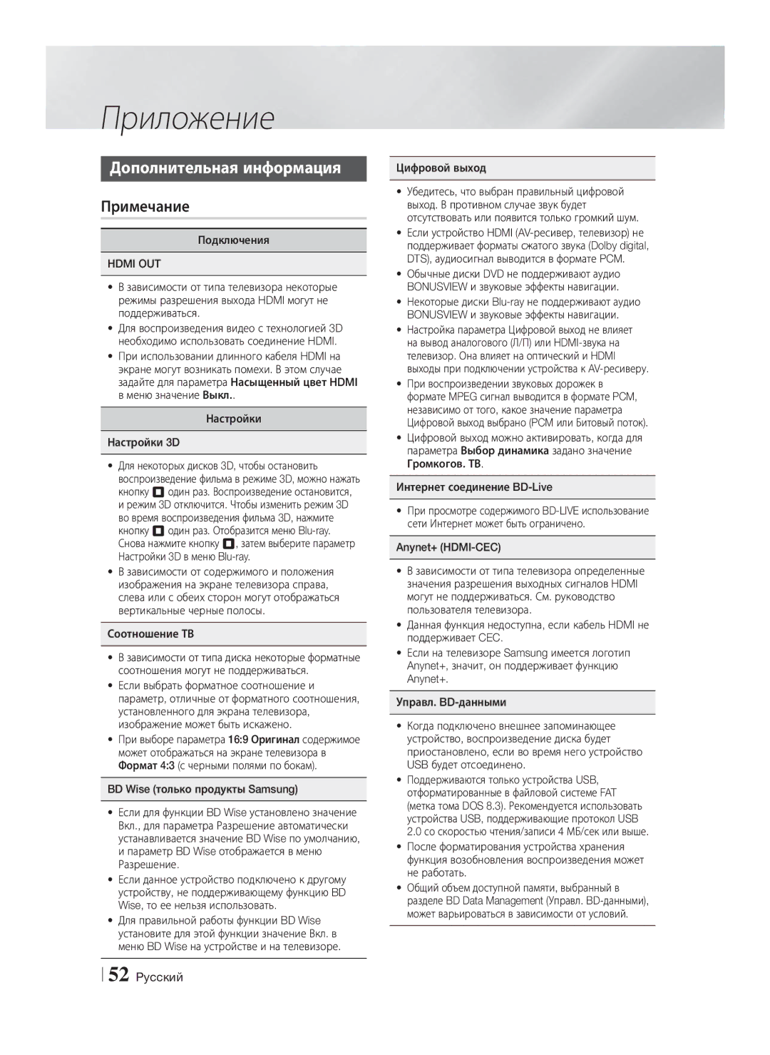 Samsung HT-F6550W/RU manual Приложение, Дополнительная информация, Примечание, Hdmi OUT 