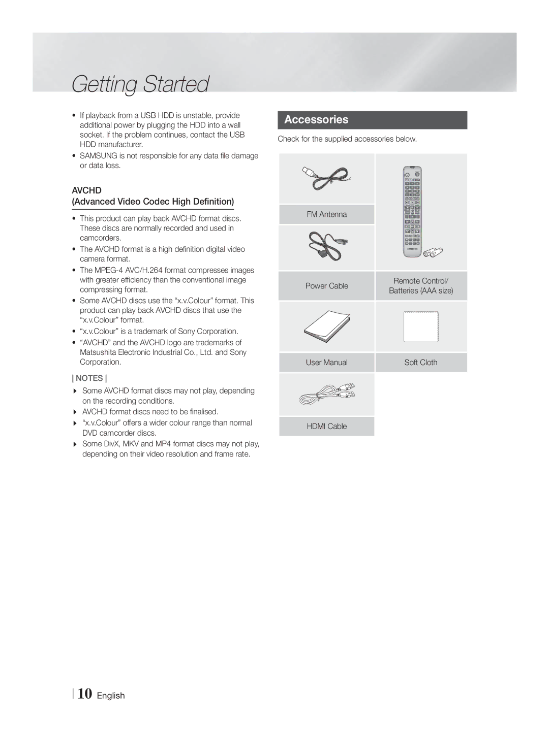 Samsung HT-F6550W/SJ manual Accessories, Advanced Video Codec High Definition, Check for the supplied accessories below 