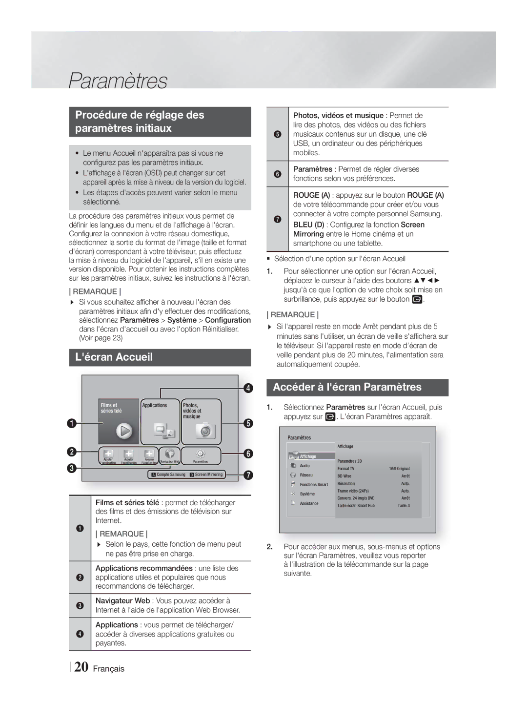 Samsung HT-F6550W/SJ manual Procédure de réglage des Paramètres initiaux, Lécran Accueil, Accéder à lécran Paramètres 