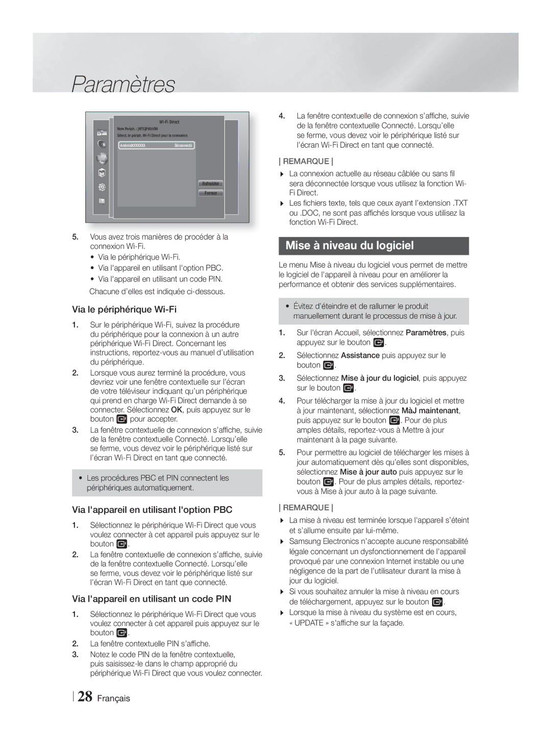 Samsung HT-F6550W/SJ manual Mise à niveau du logiciel, Via le périphérique Wi-Fi, Via lappareil en utilisant loption PBC 