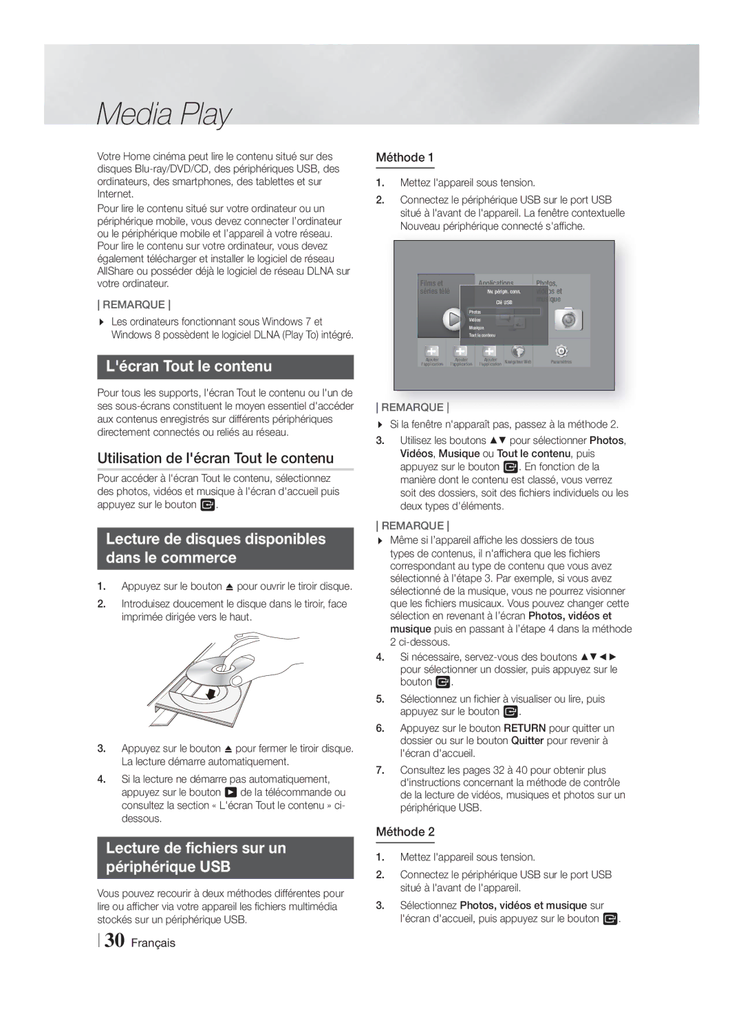 Samsung HT-F6550W/SJ manual Lécran Tout le contenu, Utilisation de lécran Tout le contenu, Méthode 