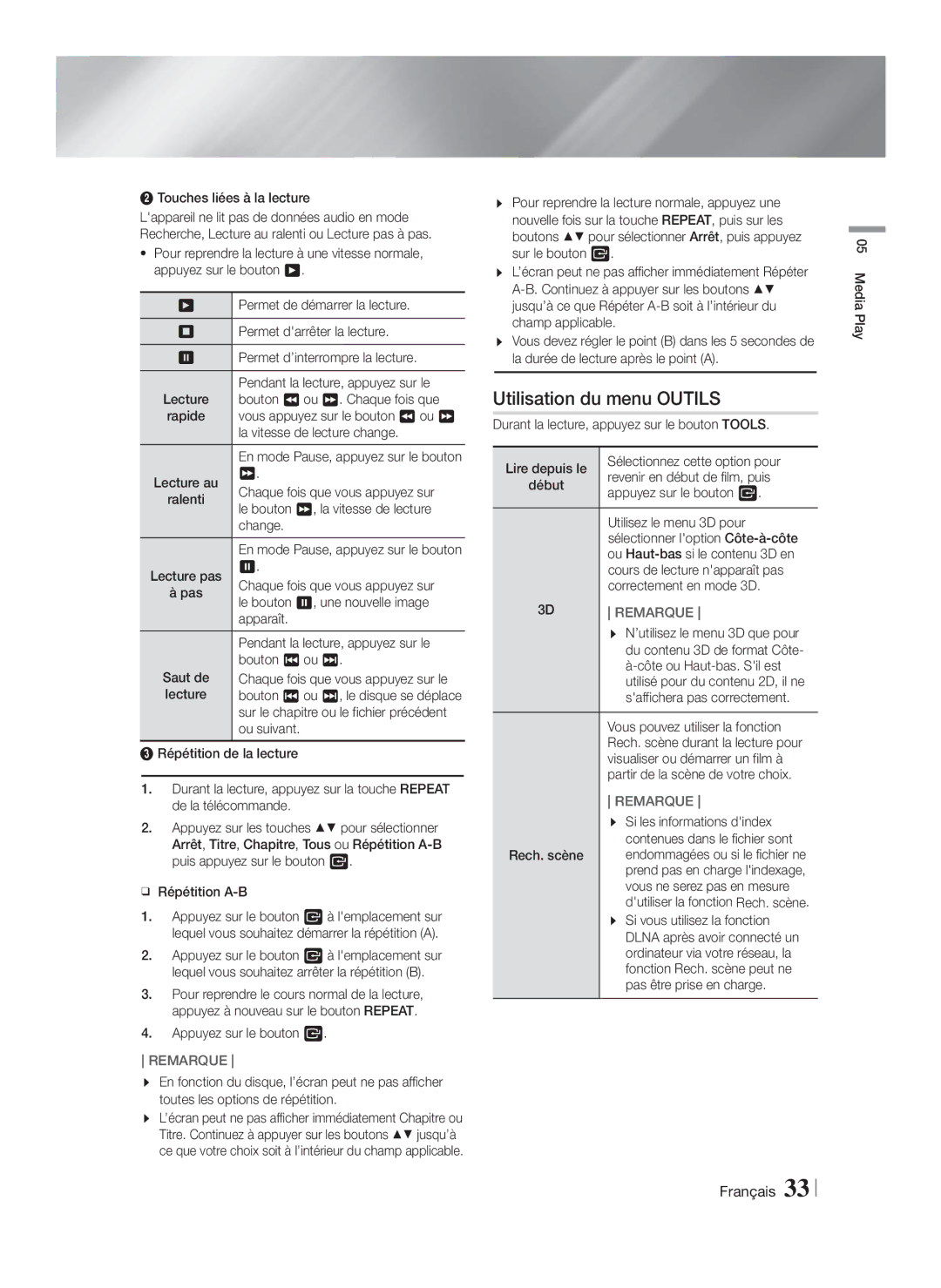 Samsung HT-F6550W/SJ manual Utilisation du menu Outils 