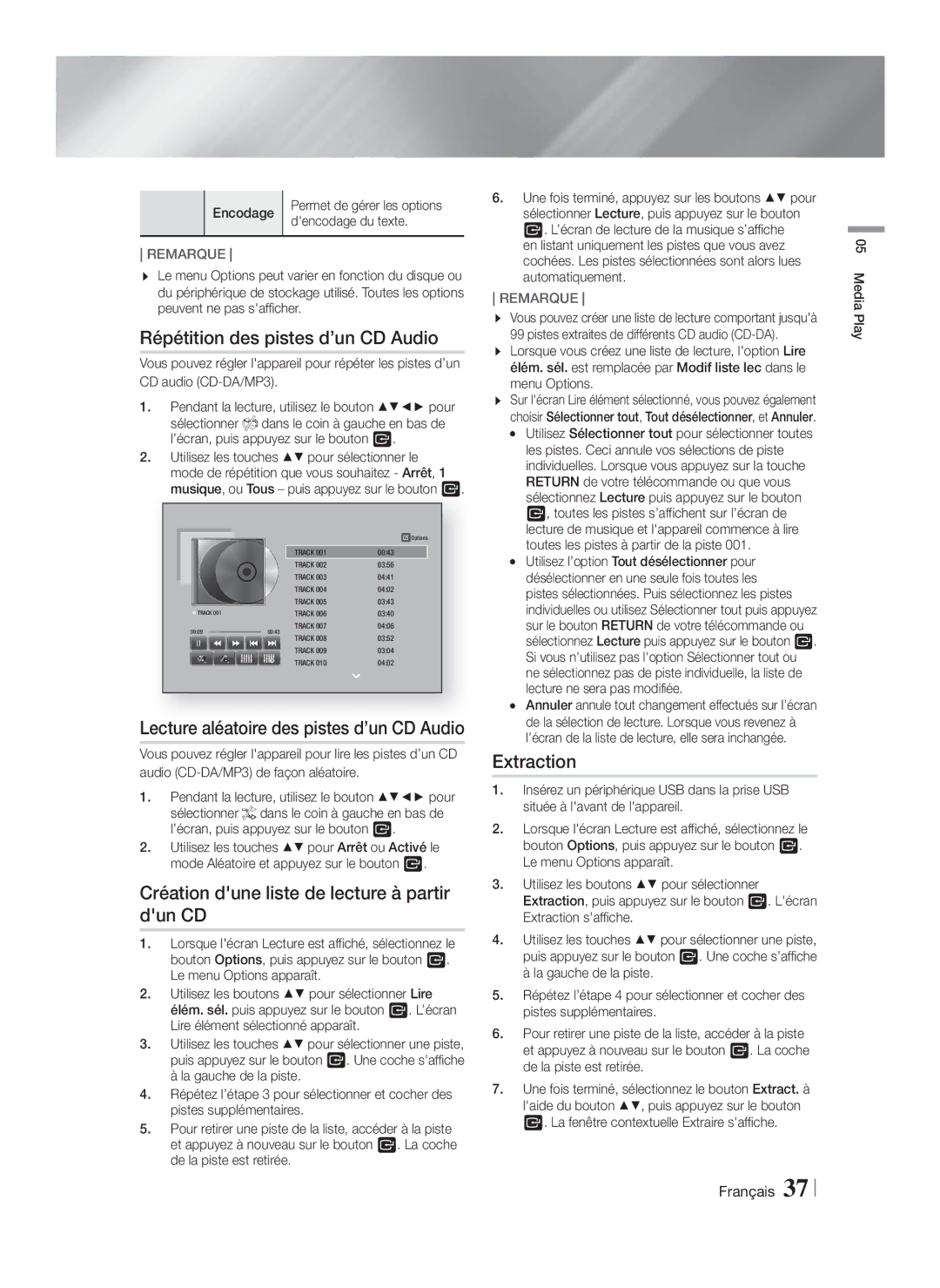 Samsung HT-F6550W/SJ manual Répétition des pistes d’un CD Audio, Création dune liste de lecture à partir dun CD, Extraction 