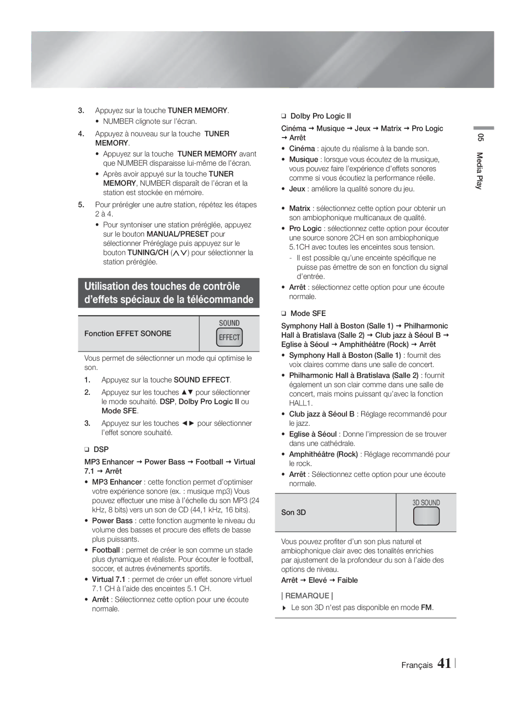 Samsung HT-F6550W/SJ manual Utilisation des touches de contrôle, Fonction Effet Sonore 